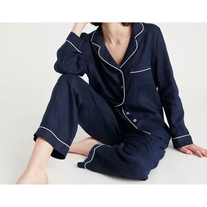 Quince Womens 100% European Linen Long Sleeve Pajama Set Deep Navy XS